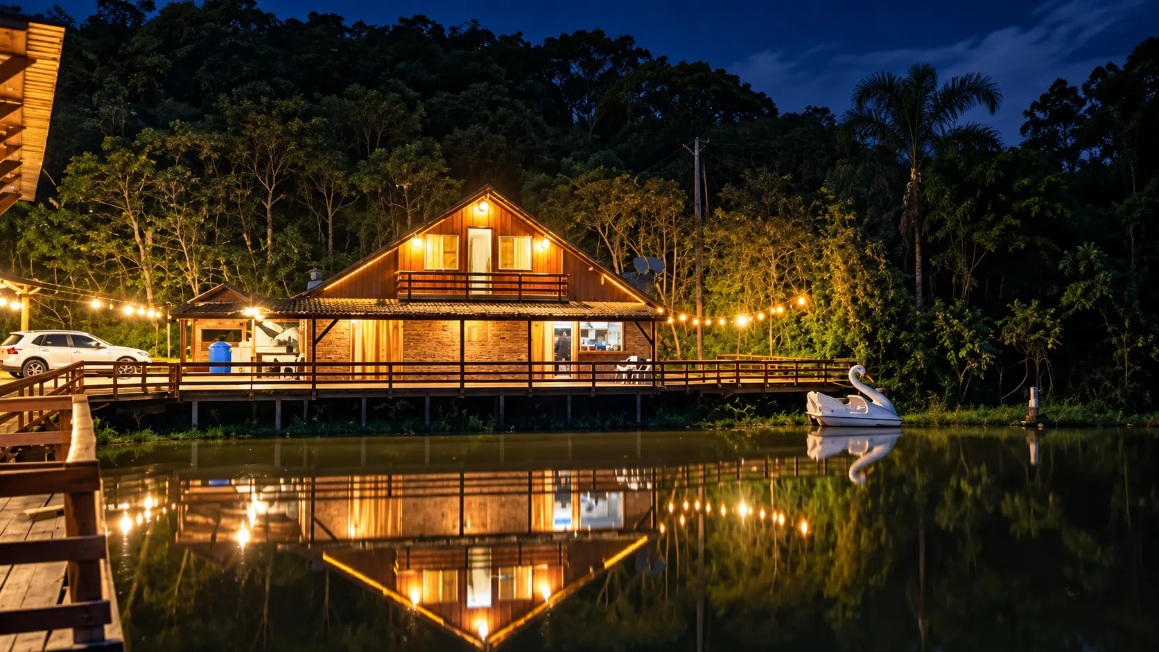 Cabana do Valle iluminada à noite e refletida no lago